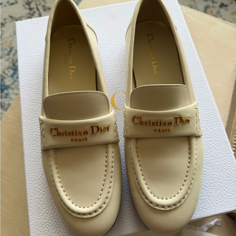 Dior Cream Leather Loafers with Gold Tone Logo